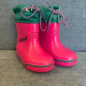 Vintage Kids Lacrosse Waterproof Rain and Mud Pink and Green Slip On Boots